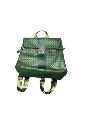 Green Woven Faux Leather Backpack Unisex Bag Accessory Sophisticated Boho Modern